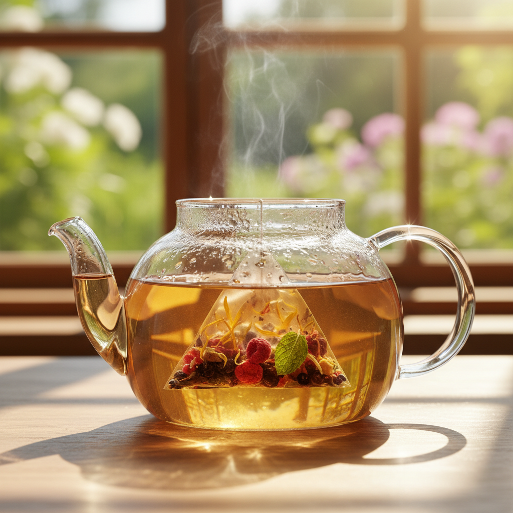 tea bag, vibrant, inviting, photographed in natural sunlight to convey high energy and freshness