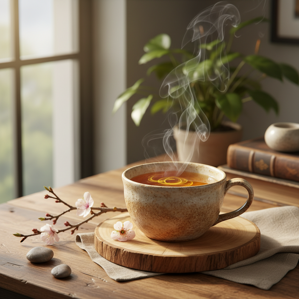a cup of tea, inviting and warm, with natural light highlighting the gentle steam and tea color, styled in a calm, organic setting
