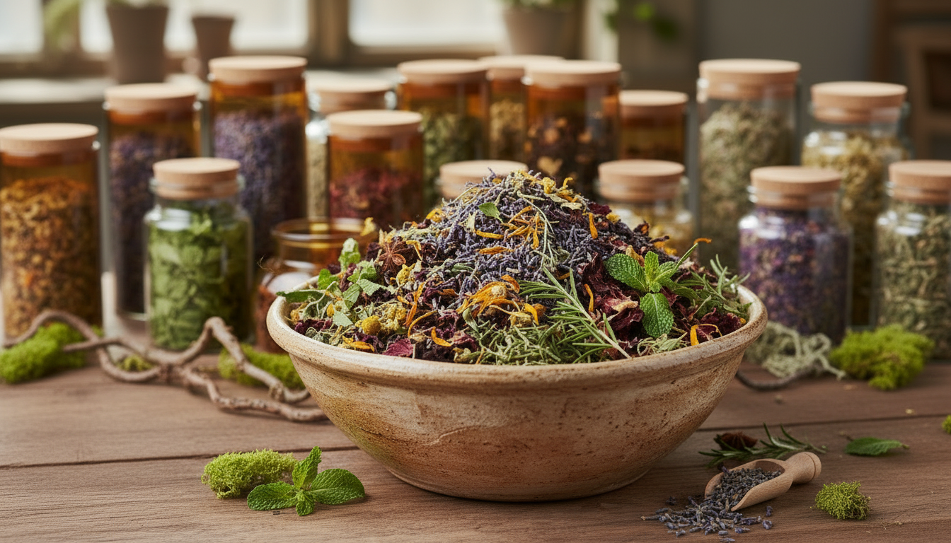 A serene, beautiful bowl filled with a colorful assortment of herbs, styled naturally with soft lighting and a calming aesthetic, perfect for a herbal store cover image.