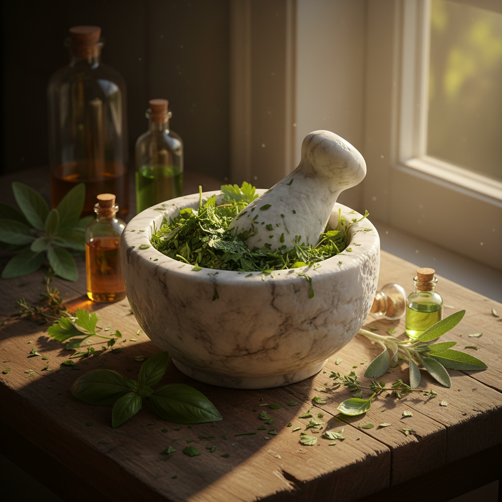A detailed still life of a handcrafted mortar and pestle made from textured white marble, brimming with freshly crushed green herbs that release fragrant oils. The mortar is placed centrally on a rustic wooden counter, with loose leaves, small glass vials, and sprigs of sage artfully arranged nearby. Natural golden hour light streams from the right, casting warm highlights and soft, elongated shadows. The focus is sharp throughout, with a slight vignette that draws the eye toward the center. The overall mood is nourishing and grounded, embodying a rustic yet refined artistic style that highlights the craft and authenticity of herbal preparations.