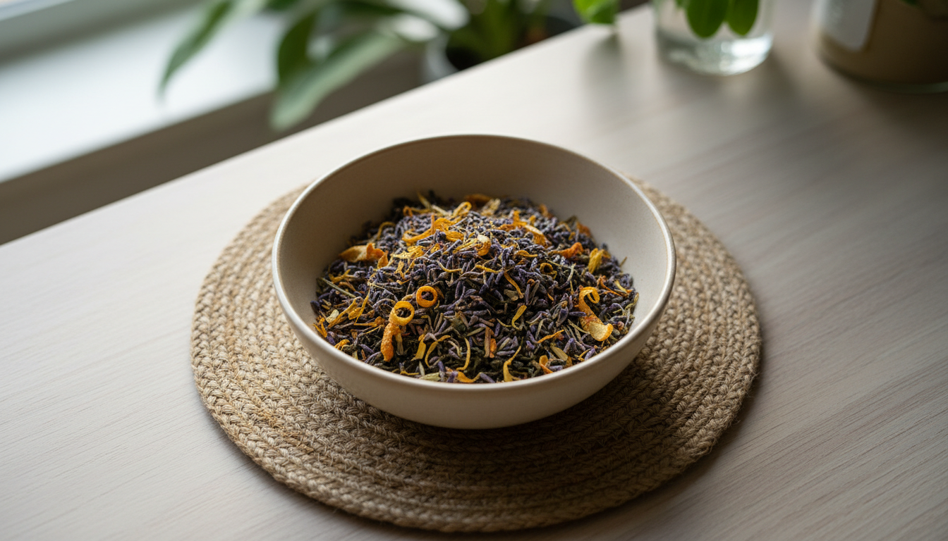 A close-up of a handcrafted herbal tea blend, featuring finely cut green leaves, dried purple lavender, bright calendula petals, and curled orange peels, all resting in a smooth, shallow ceramic bowl with a matte finish. The bowl sits atop a woven jute placemat on a light wooden table. Diffused, soft morning light filters across the scene, accentuating the textures and natural colors of the herbs and bowl. The background features subtle hints of additional greenery, blurred for emphasis. Shot from an overhead angle with a crisp focus on textures, the mood is fresh, calming, and artisanal, embodying a minimalist and wholesome aesthetic ideal for an herbalist’s store.