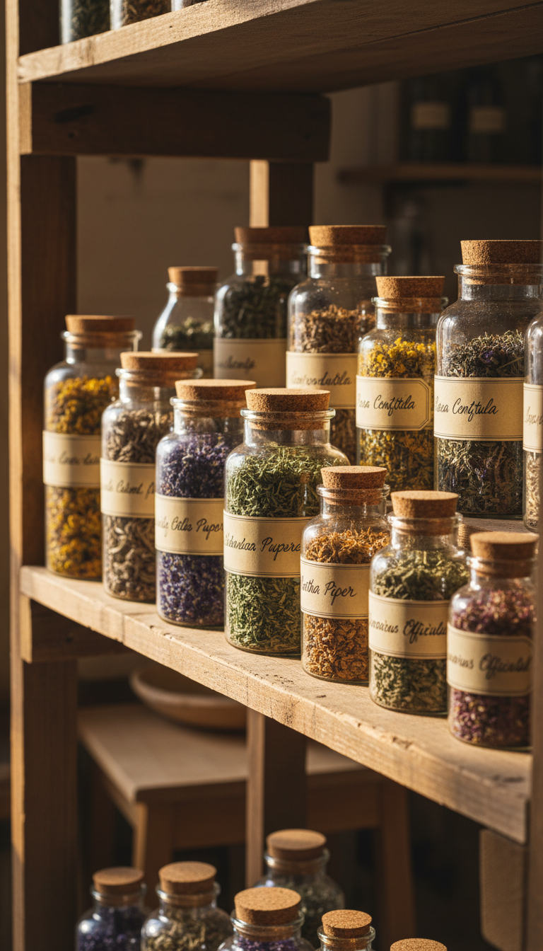 An assortment of glass apothecary jars filled with vibrant dried herbs and botanicals, each jar sealed with natural cork tops and labeled in elegant handwriting. The jars are arranged neatly on reclaimed wood shelving with visible grains and earthy textures, evoking a rustic yet organized atmosphere. Warm afternoon sunlight pours in from the left, casting gentle highlights across the jars and wooden surfaces, and creating soft, elongated shadows. The background is softly out-of-focus, suggesting a welcoming, peaceful shop interior. Captured at eye-level with a slightly shallow depth of field, the composition feels balanced and harmonious. The style is clean and organic, perfectly reflecting a trustworthy, intuitive herb store.